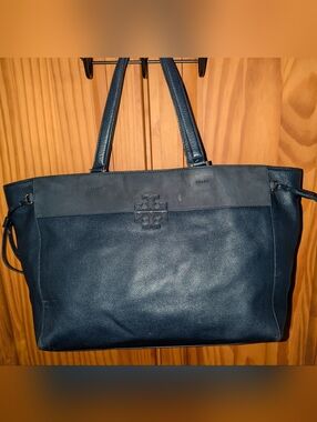 Tory Burch Stacked T Mixed Media Dark Blue Leather Suede Tote with Logo